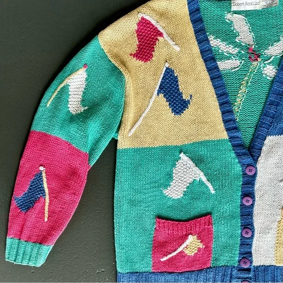 ROBERT SCOTT LTD Hand Knit Ramie Blend Colorblock V-Neck Tropical Golf Cardigan - Picture 3 of 14